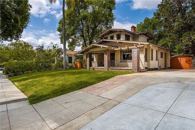 1559 Diamond Ave, South Pasadena, CA 91030 - view of front of house with a front lawn, a storage shed, a porch, a chimney, and driveway