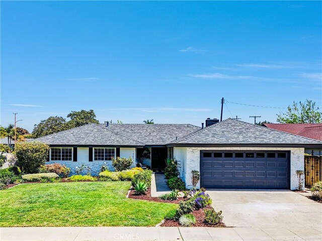 1467 N Kathleen Ln, Orange, CA 92867 - ranch-style house with a garage, stucco siding, a front lawn, and roof with shingles