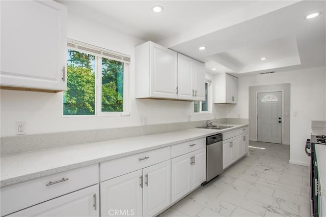 636 Harding Dr, Redlands, CA 92373 - kitchen with a sink, marble finish floor, appliances with stainless steel finishes, and white cabinetry