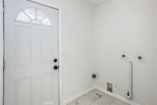 636 Harding Dr, Redlands, CA 92373 - laundry room featuring gas dryer hookup, washer hookup, laundry area, baseboards, and marble finish floor