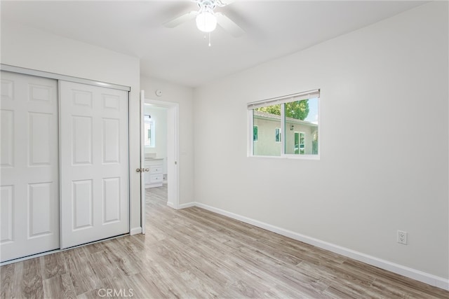 636 Harding Dr, Redlands, CA 92373 - unfurnished bedroom featuring light wood-type flooring, baseboards, ceiling fan, and a closet