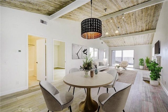 dining room featuring light wood-style floors, a notable chandelier, beam ceiling, and visible vents