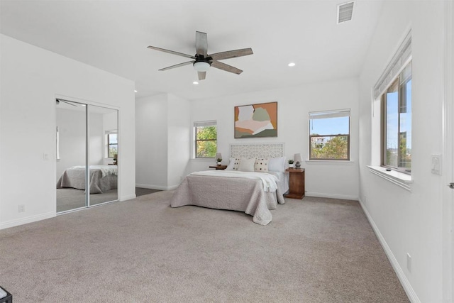 bedroom featuring visible vents, baseboards, a closet, carpet, and recessed lighting