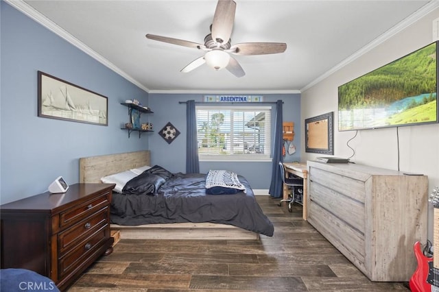 bedroom with ceiling fan, dark wood finished floors, and ornamental molding