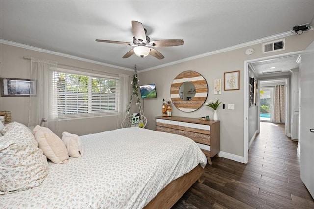 bedroom with ceiling fan, visible vents, crown molding, baseboards, and dark wood-style floors