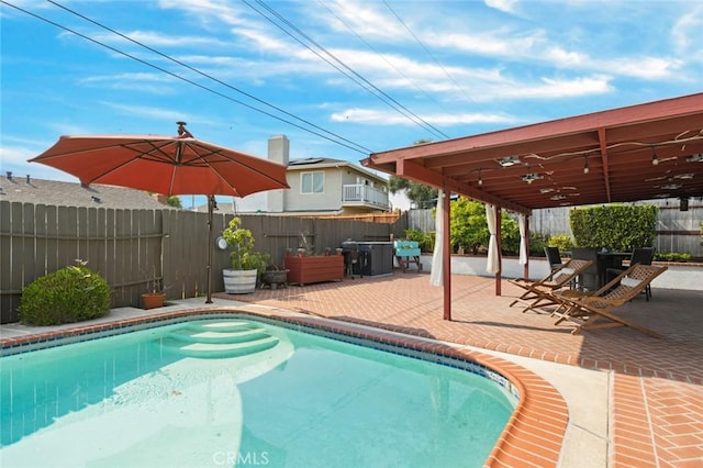 view of pool with a fenced backyard, a fenced in pool, and a patio