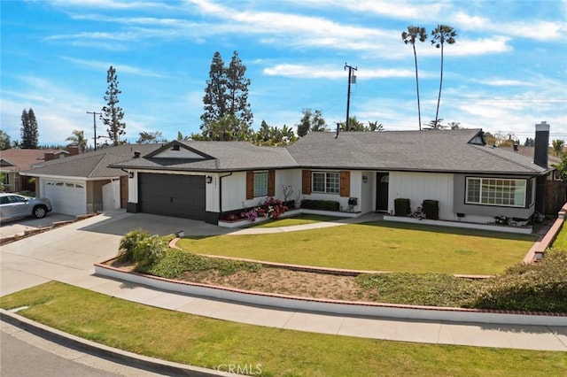 single story home with a garage, a front lawn, a chimney, board and batten siding, and driveway