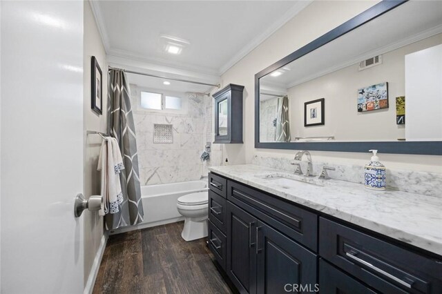 5681 Casa Loma Ave, Yorba Linda, CA 92886 - bathroom featuring crown molding, wood finished floors, toilet, vanity, and shower / bath combo