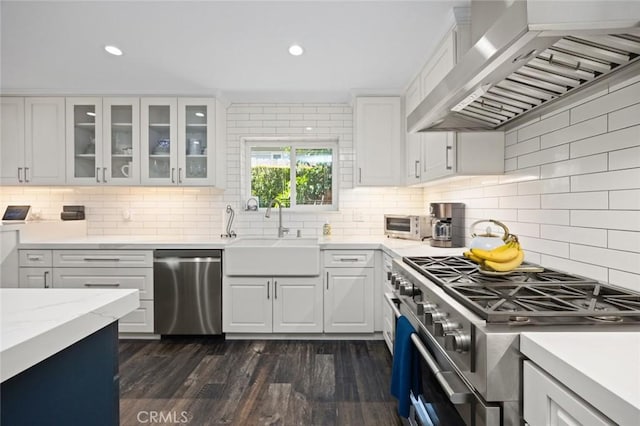 kitchen with glass insert cabinets, wall chimney exhaust hood, white cabinets, a sink, and appliances with stainless steel finishes