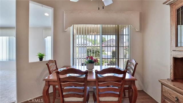 dining room with baseboards, ceiling fan, and wood finished floors