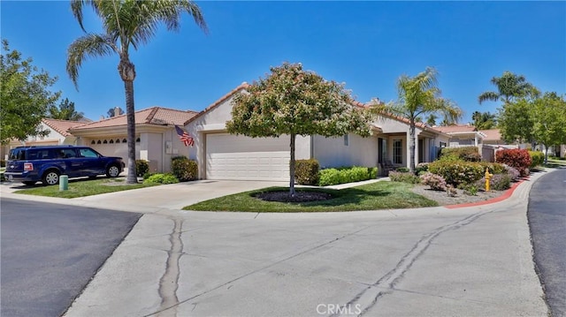ranch-style house featuring an attached garage, driveway, and stucco siding