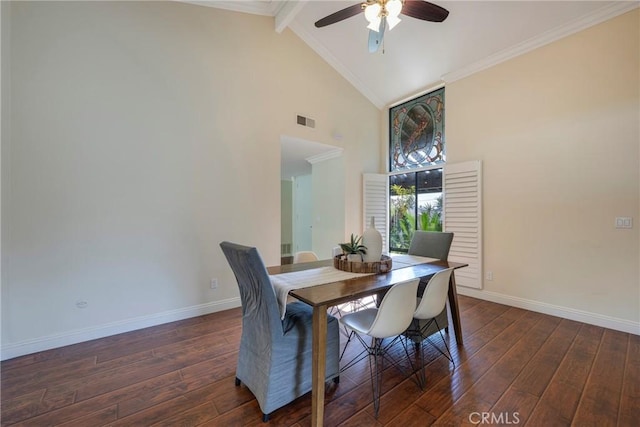 dining area featuring a ceiling fan, visible vents, hardwood / wood-style flooring, baseboards, and high vaulted ceiling