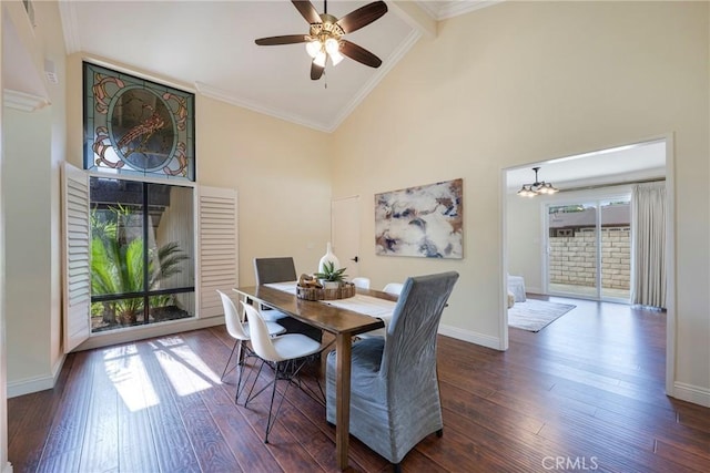 dining space featuring wood finished floors, high vaulted ceiling, baseboards, ceiling fan with notable chandelier, and ornamental molding