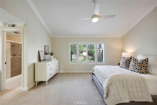 bedroom with crown molding, baseboards, light colored carpet, and visible vents