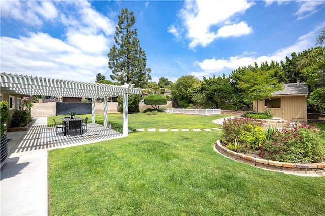 view of yard with a patio, fence, and a pergola