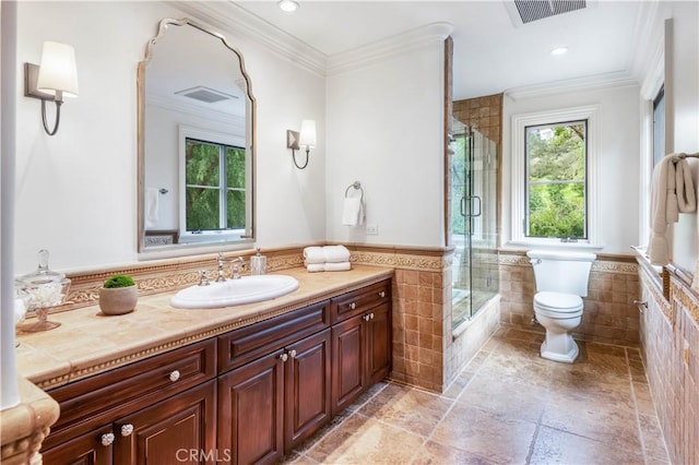 2008 Via Visalia, Palos Verdes Estates, CA 90274 - full bath with tile walls, vanity, ornamental molding, tiled shower / bath, and recessed lighting