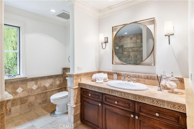 2008 Via Visalia, Palos Verdes Estates, CA 90274 - bathroom with vanity, tile walls, healthy amount of natural light, crown molding, and a wainscoted wall