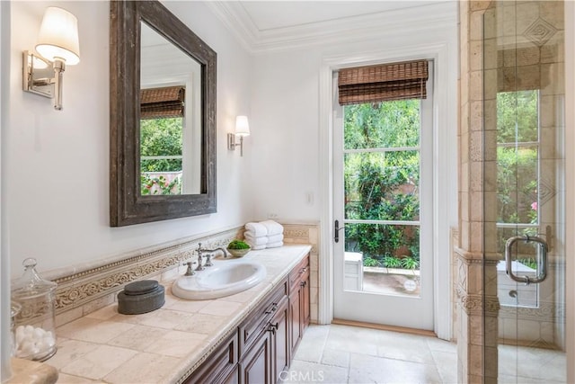 2008 Via Visalia, Palos Verdes Estates, CA 90274 - bathroom featuring vanity, healthy amount of natural light, a stall shower, and ornamental molding
