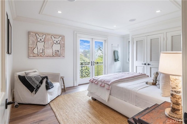 2008 Via Visalia, Palos Verdes Estates, CA 90274 - bedroom with access to outside, wood finished floors, ornamental molding, recessed lighting, and a closet