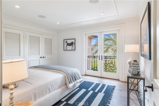 2008 Via Visalia, Palos Verdes Estates, CA 90274 - bedroom featuring french doors, access to outside, light wood-type flooring, a closet, and crown molding
