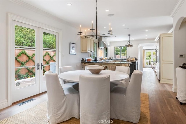 2008 Via Visalia, Palos Verdes Estates, CA 90274 - dining area with a chandelier, light wood-type flooring, recessed lighting, french doors, and crown molding