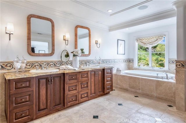 2008 Via Visalia, Palos Verdes Estates, CA 90274 - bathroom featuring double vanity, a bath, ornamental molding, tile patterned floors, and recessed lighting