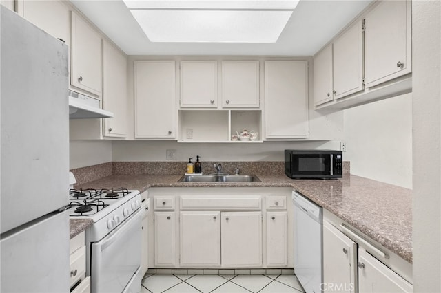 kitchen with open shelves, a sink, white appliances, light tile patterned floors, and under cabinet range hood