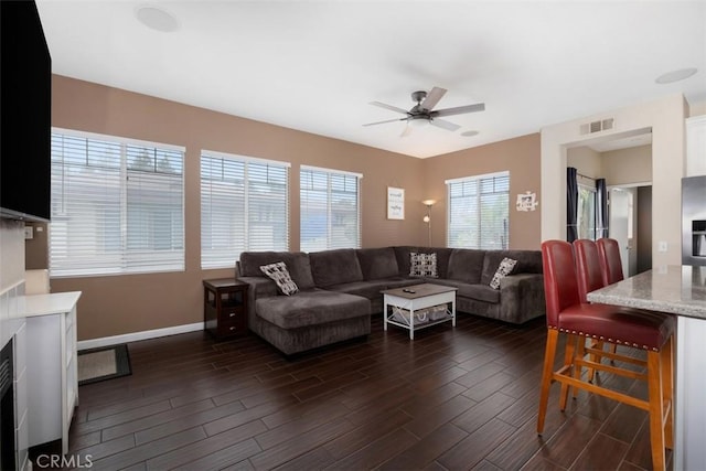 4 Mosaic, Aliso Viejo, CA 92656 - living room with ceiling fan, visible vents, baseboards, and dark wood-type flooring