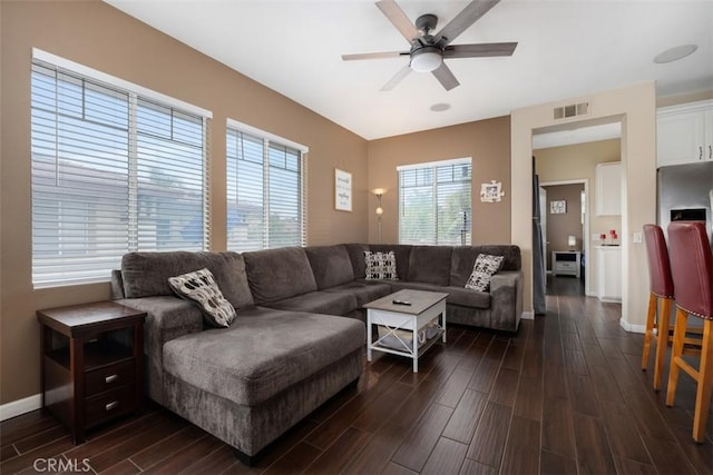 4 Mosaic, Aliso Viejo, CA 92656 - living room with baseboards, a ceiling fan, dark wood-style floors, and visible vents