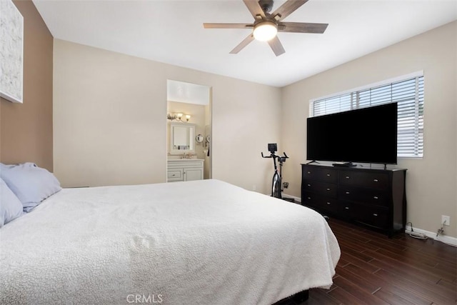 4 Mosaic, Aliso Viejo, CA 92656 - bedroom with a sink, baseboards, ensuite bathroom, dark wood-type flooring, and a ceiling fan