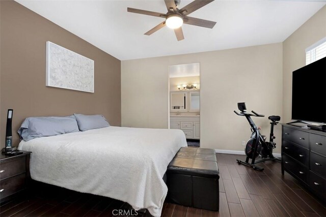 4 Mosaic, Aliso Viejo, CA 92656 - bedroom featuring baseboards, connected bathroom, dark wood-style flooring, and a ceiling fan