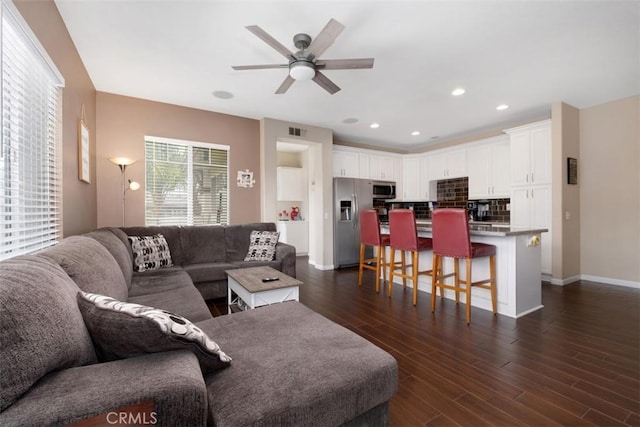 4 Mosaic, Aliso Viejo, CA 92656 - living room featuring a ceiling fan, dark wood-style flooring, visible vents, baseboards, and recessed lighting