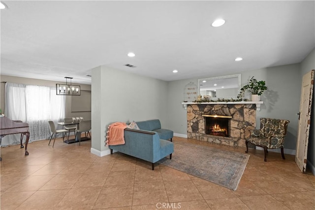 8784 Lurline St, Rancho Cucamonga, CA 91701 - living room with a fireplace, baseboards, a chandelier, recessed lighting, and light tile patterned floors