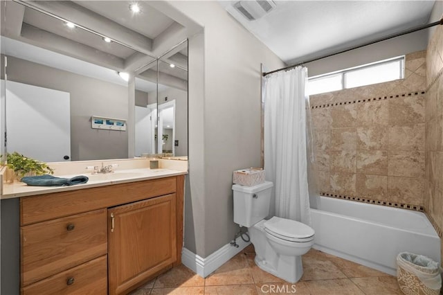 8784 Lurline St, Rancho Cucamonga, CA 91701 - full bathroom featuring toilet, tile patterned floors, vanity, shower / bath combo, and beam ceiling