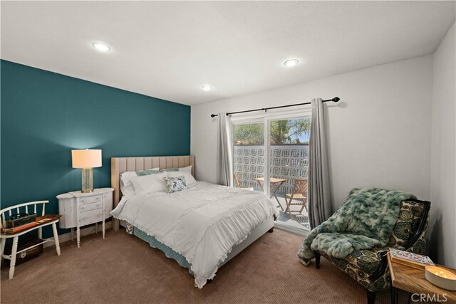 bedroom featuring carpet flooring, recessed lighting, and access to outside
