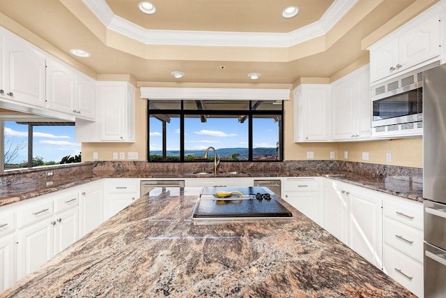 776 Avenida Salvador, San Clemente, CA 92672 - kitchen with appliances with stainless steel finishes, a sink, white cabinets, ornamental molding, and recessed lighting