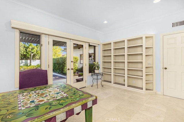 776 Avenida Salvador, San Clemente, CA 92672 - interior space featuring crown molding, tile patterned flooring, visible vents, recessed lighting, and french doors