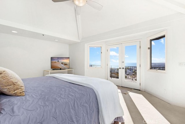 776 Avenida Salvador, San Clemente, CA 92672 - bedroom featuring light carpet, ceiling fan, access to outside, french doors, and vaulted ceiling