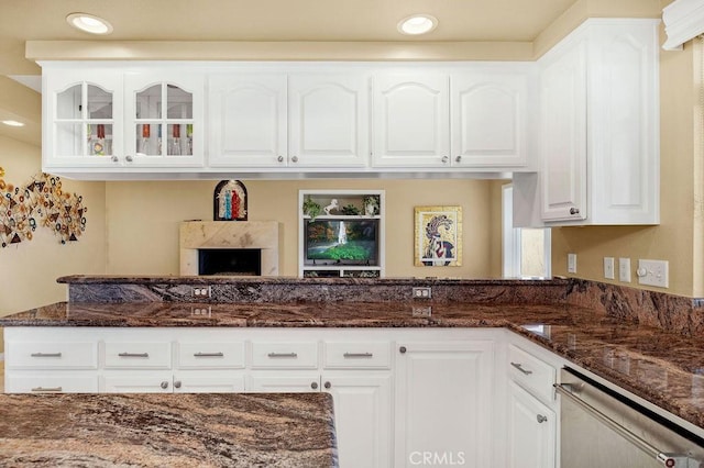 776 Avenida Salvador, San Clemente, CA 92672 - kitchen featuring stainless steel dishwasher, white cabinets, glass insert cabinets, and dark stone countertops