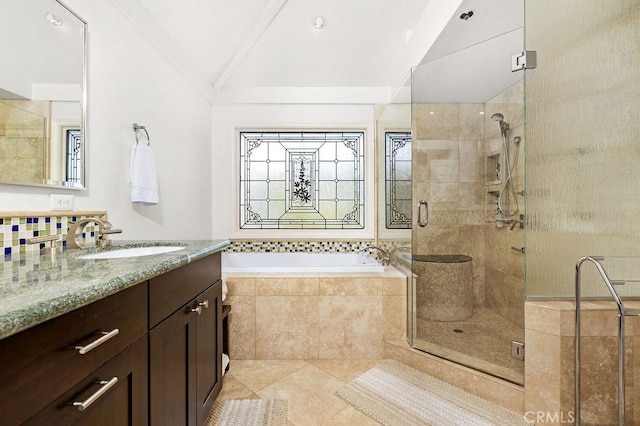 776 Avenida Salvador, San Clemente, CA 92672 - bathroom with tile patterned flooring, vanity, a garden tub, a shower stall, and vaulted ceiling