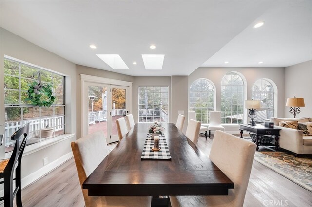 26122 Augusta Dr, Lake Arrowhead, CA 92352 - dining space featuring wood finished floors, a skylight, recessed lighting, baseboards, and cooling unit