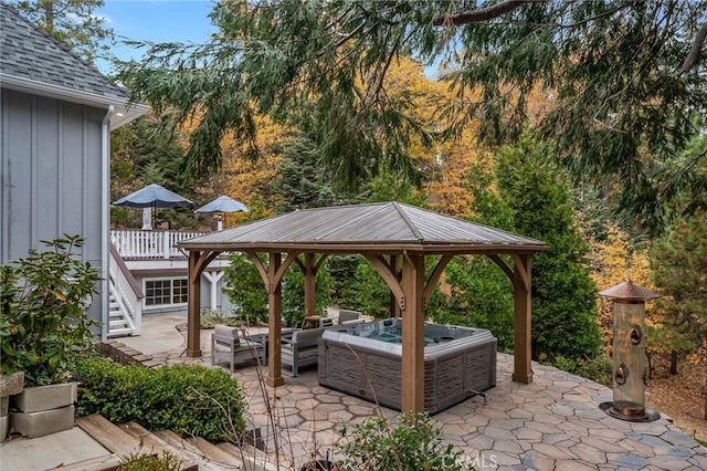26122 Augusta Dr, Lake Arrowhead, CA 92352 - view of patio featuring an outdoor hangout area, a gazebo, and stairway