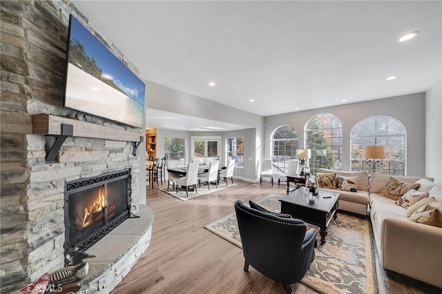 26122 Augusta Dr, Lake Arrowhead, CA 92352 - living room with a fireplace, wood finished floors, and recessed lighting