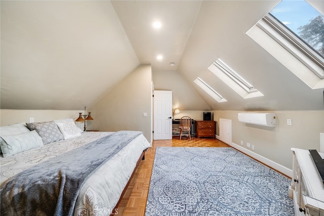 26122 Augusta Dr, Lake Arrowhead, CA 92352 - bedroom featuring baseboards, a wall mounted AC, and lofted ceiling with skylight