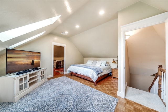 26122 Augusta Dr, Lake Arrowhead, CA 92352 - bedroom featuring visible vents, recessed lighting, baseboards, and lofted ceiling with skylight