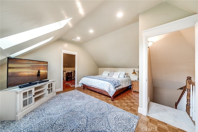 26122 Augusta Dr, Lake Arrowhead, CA 92352 - bedroom with a skylight, vaulted ceiling, recessed lighting, and baseboards