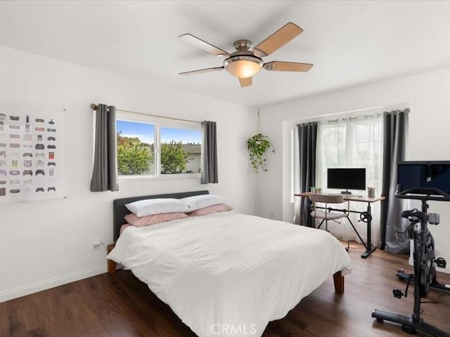 bedroom with baseboards, multiple windows, and wood finished floors