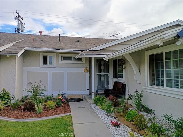 doorway to property with roof with shingles and stucco siding