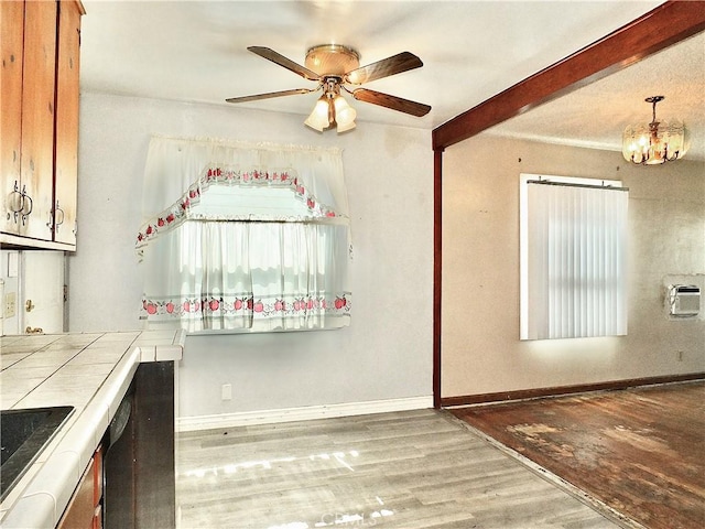 unfurnished dining area featuring baseboards, ceiling fan with notable chandelier, and wood finished floors