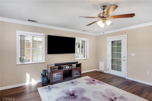 28970 Exmoor Ct, Menifee, CA 92586 - living area featuring wood finished floors, ornamental molding, and a ceiling fan